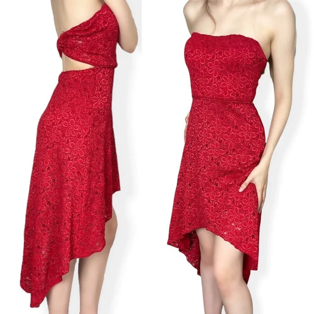 3/$30 ⭐️ 90s Sparkly Lace Red High Low Strapless Dress Open Back - Picture 1 of 6